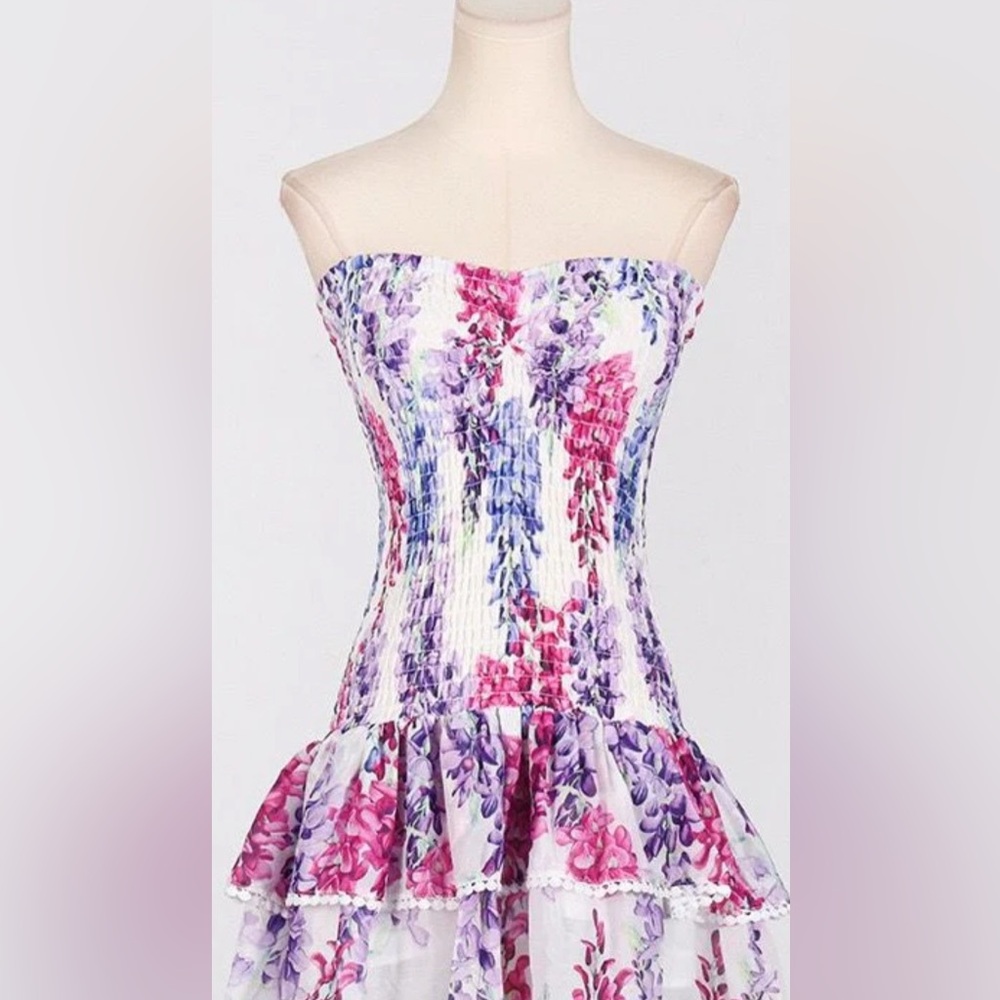 JESSICA BARA CLIO PRINTED STRAPLESS RUFFLE MINI DRESS . COLOR PURPLE. - Picture 6 of 6